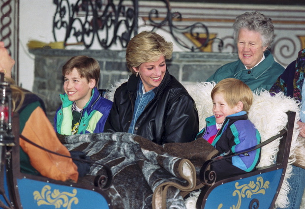 Diana, Princess of Wales with Prince William, and Prince Harry, on a ski holiday in Lech, Austria