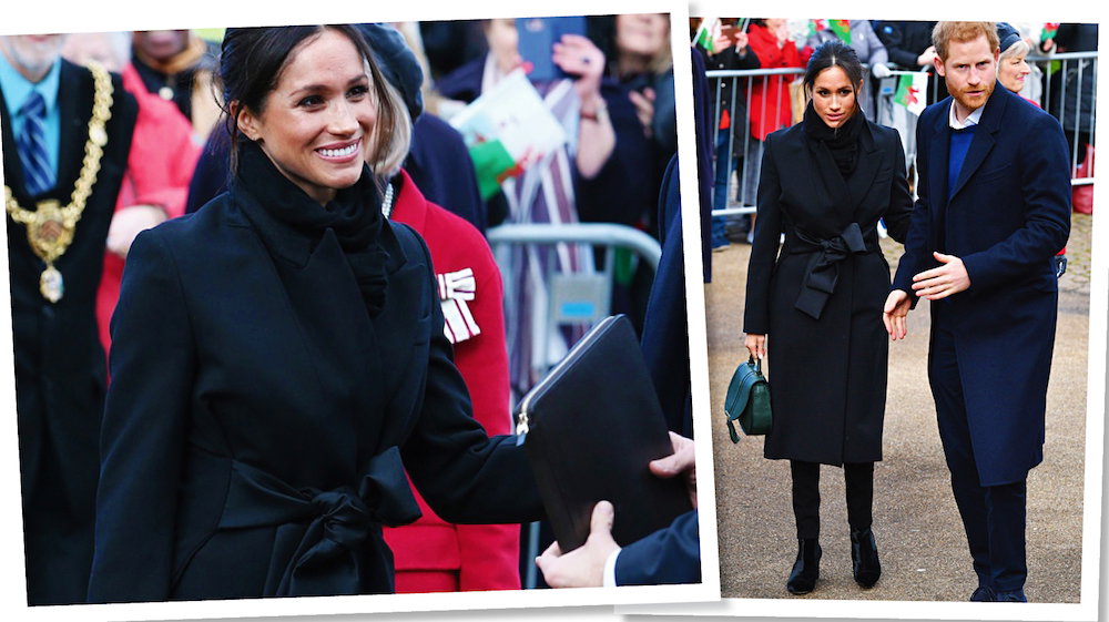 Meghan Markle w czarnym płaszczu Stelli McCartney