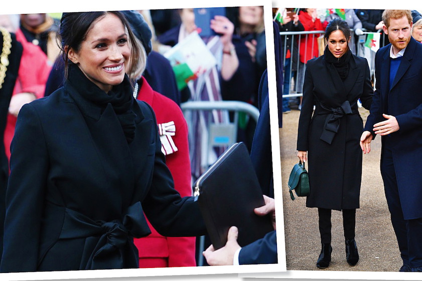 Meghan Markle w czarnym płaszczu Stelli McCartney