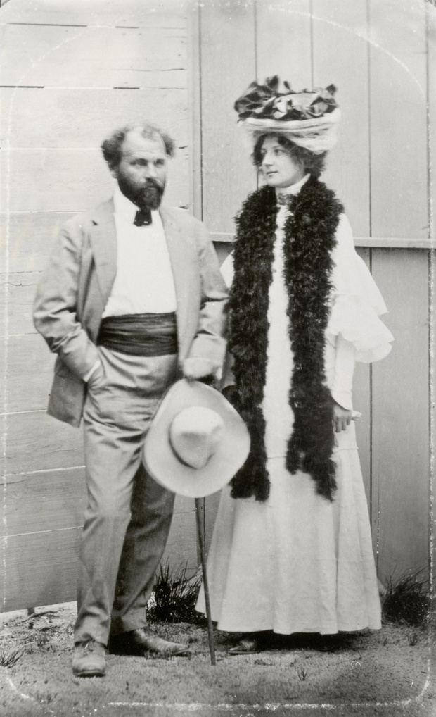 Gustav Klimt and Emilie Flöge. Photograph. About 1908.