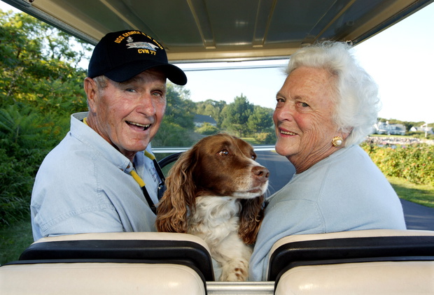 Former President And Mrs. George. H. W. Bush At Their Home In Maine With Dog Millie