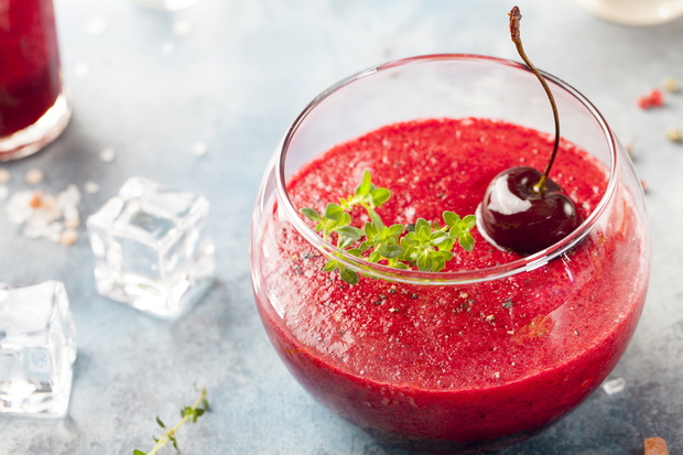 Cherry cold soup, gaspacho, gazpacho, smoothie in a glass