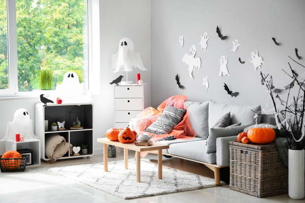 Interior of room decorated for Halloween