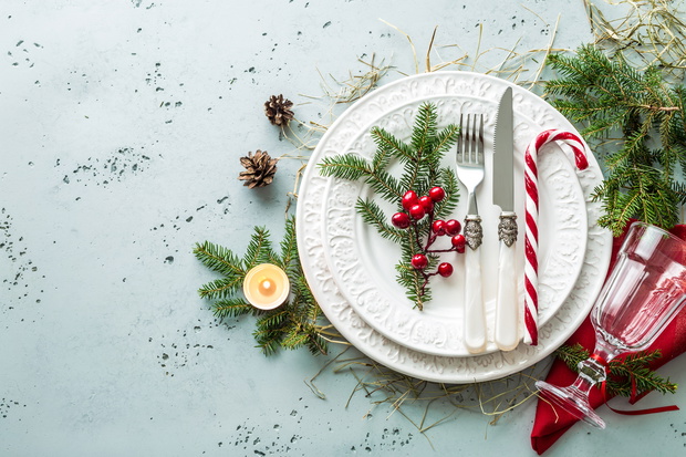 Elegant christmas table setting design (top view, flat lay)