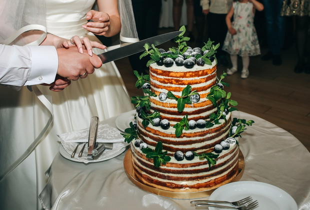 Wedding couple is cutting modern rustic cake. Open sponge dessert with mint leaves and fresh fruit grapes on top. Boho style wedding cake. Groom in the black suit and bride in white elegant dress.