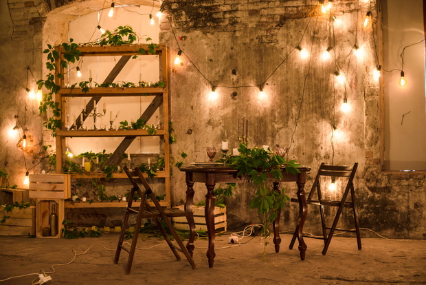 Romantic lunch in retro rustic decorations. Nobody