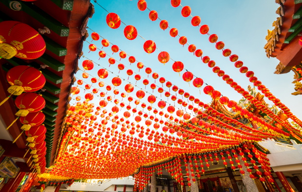 Red lanterns decorations at Thean Hou Temple in Kuala Lumpur, This is in preparation for the coming Chinese New Year. Malaysia