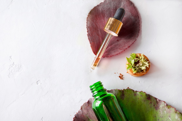 Organic Spa Cosmetic With Herbal Ingredients. Vegetable serum for skin with herbal extracts. glass bottle with a pipette