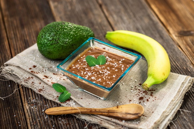 Vegan avocado banana chocolate pudding