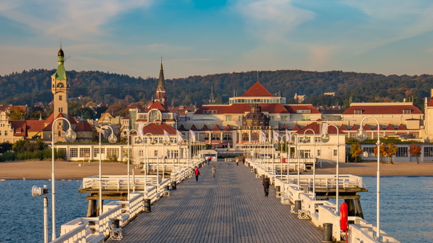 The Sopot Pier and beautiful cityview/cityscape of Sopot, Poland. Amazing sunrise.
