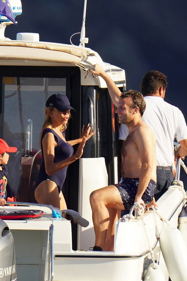 PREMIUM EXCLUSIVE - STRICTLY NO WEB NO BLOG BEFORE THURSDAY 13TH AUGUST 2020 - French president Emmanuel Macron and wife Brigitte seen enjoying their holiday with their family during a boat day at Porquerolles island in South of France.