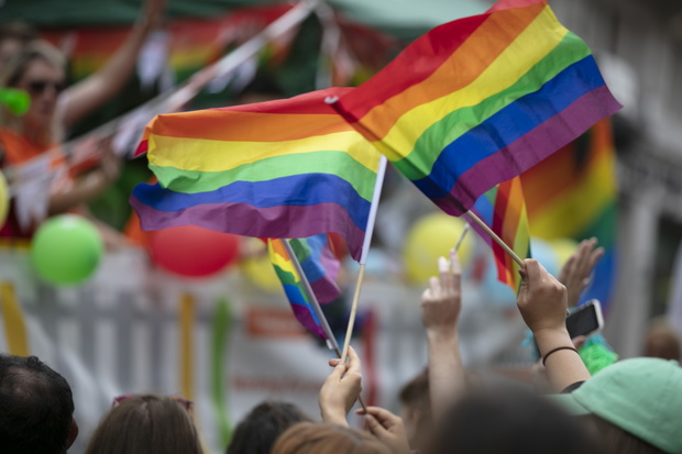 People wave LGBTQ gay pride flags at a solidarity march