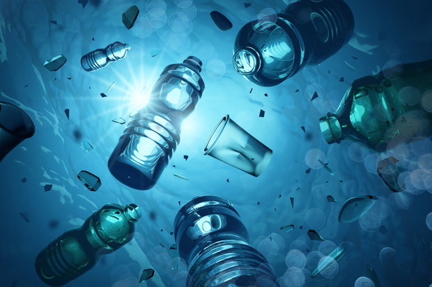 Problem plastic bottles and microplastics floating in the open ocean. Marine plastic pollution concept. 3D illustration