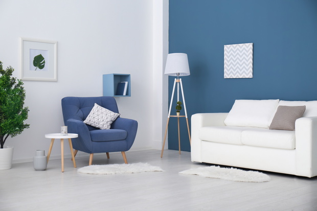 Trendy room interior with modern color armchair