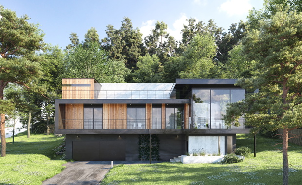 Modern house in forest, 3d render