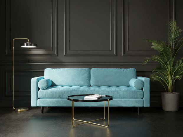 3d render of a dark grey living room with a turqoise sofa and an art canvas