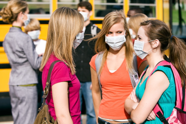School Students Wearing Medical Face Masks For Protection
