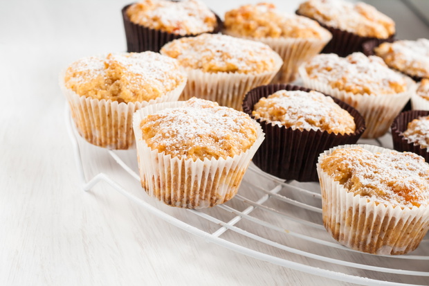 vanilla pumpkin muffins, cakes sprinkled with powdered sugar