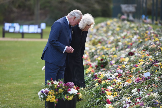 The Prince Of Wales And The Duchess Of Cornwall View Tributes Left By Members Of The Public Following The Death Of The Duke Of Edinburgh