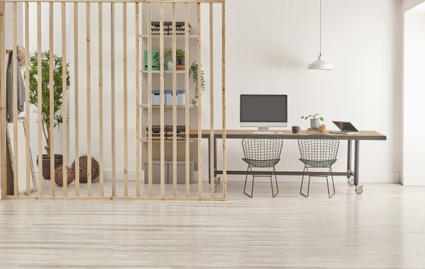 Modern office interior style with long table computer and folding screen decoration, bookshelf lamp concept.