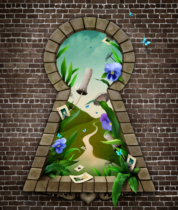 Fantastic bizarre fabulous keyhole in  brick wall in  whimsical