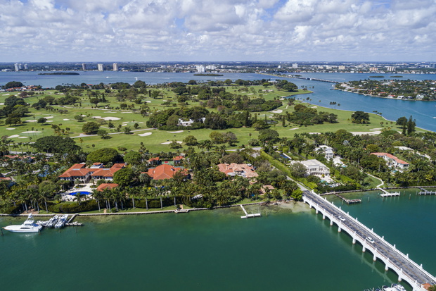 Florida, Miami, Indian Creek Island, country club, golf course on Billionairs Bunker, aerial view