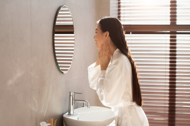 Side view of attractive korean lady touching her face