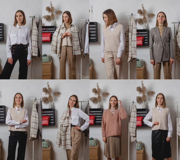 Woman stylist trying on business attire for a capsule wardrobe.