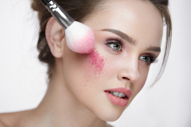 Beauty Face Cosmetics. Sexy Female Applying Makeup, Loose Blush