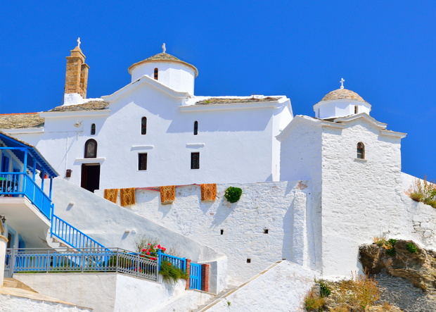 White church above Skopelos town, Greece