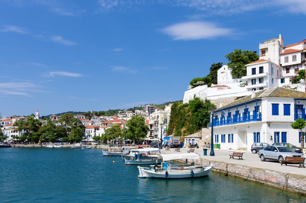 View to the picturesque harbor of Skopelos island, Greece