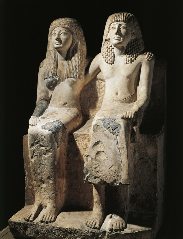Egypt, Deir el-Medina, Statuary group representing Pharaoh Ramesses II (circa 1279-1213 B.C.) and his wife Nefertari (circa 1290-1254 B.C.)