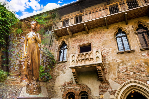 A collage of photos of a bronze statue of Juliet and a balcony j