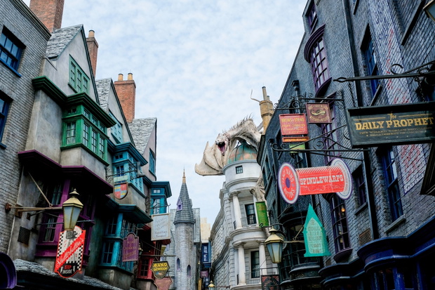 Orlando, USA – May 30, 2017: The Dragon at the Gringotts Bank in Diagon Alley at The Wizarding World Of Harry Potter in Universal Studio Orlando. Universal Studio Orland is a theme park in Orlando.