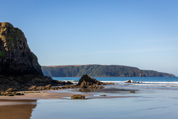 View of a derserted Broad Haven beach in Pembrokeshire