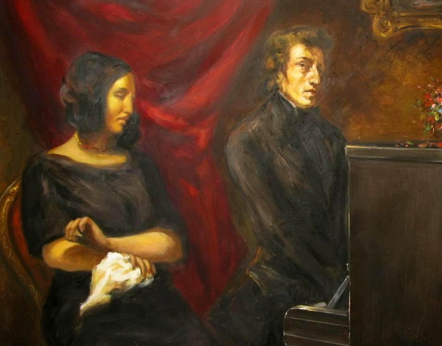 . Portrait of Frederic Chopin and George Sand . Painting I commissioned and of which I own the only copy based on the circa 1837 preliminary sketch of Eugene Delacroix's joint portrait of Frederic Chopin and George Sand . 2008. after Eugene Delacroix 110