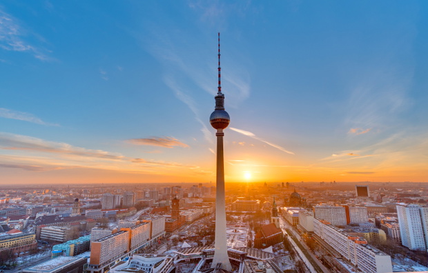 Beautiful sunset with the Television Tower at Alexanderplatz in