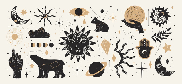Collection of Mystical and Astrology objects in boho style. Vect