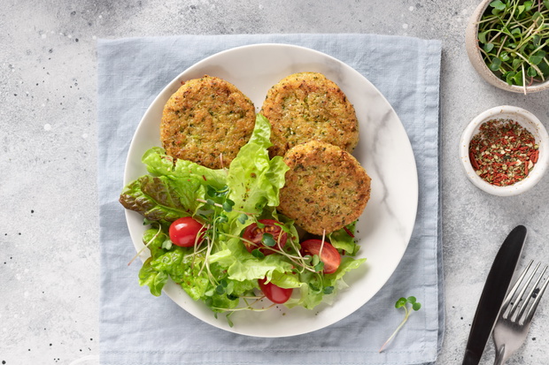 broccoli and quinoa burgers. Table setting