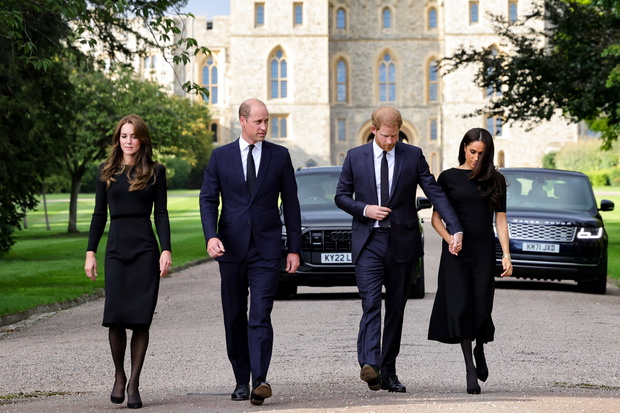 The Prince and Princess of Wales Accompanied By The Duke And Duchess Of Sussex Greet Wellwishers Outside Windsor Castle