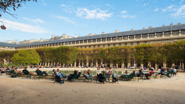 Paris, France - October 2019: Fountain at Jardin du Palais Royal