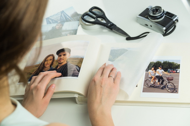 Looking at family wedding photo album