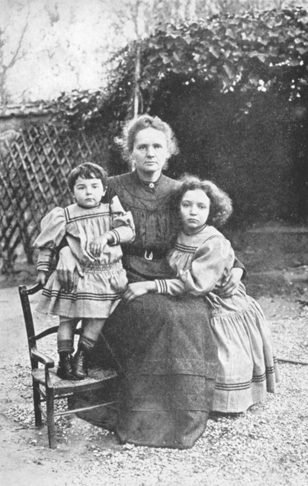 Marie Curie, Polish-born French physicist, with her daughters Eve and Irene, 1908.