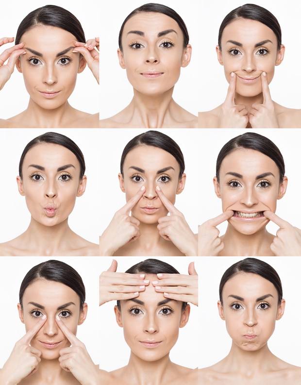 Collage of a sequence Massage for face. Yoga, gymnastics or reju