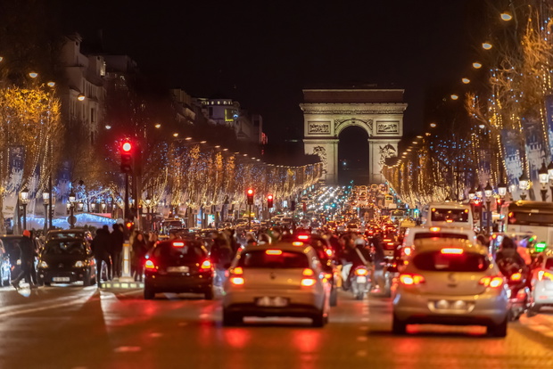 Paris, France - Dec 2015: Busy street at Champs Élysées, Paris