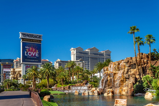 Waterfall at The Mirage with Caesars Palace in the background