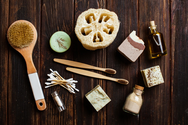 Biodegradable accesories for spa and organic cosmetics top view