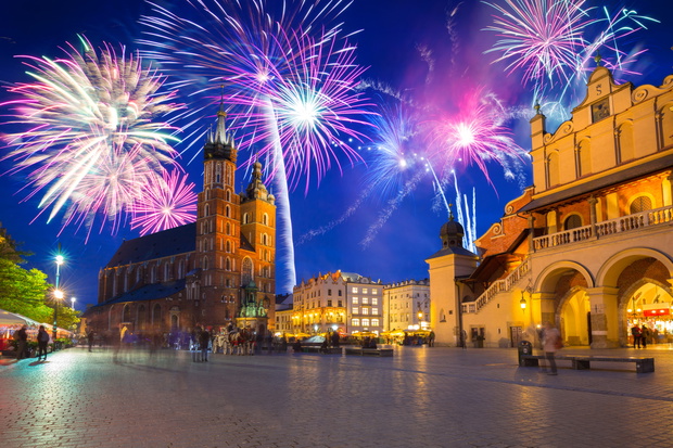 New Years firework display in Krakow, Poland