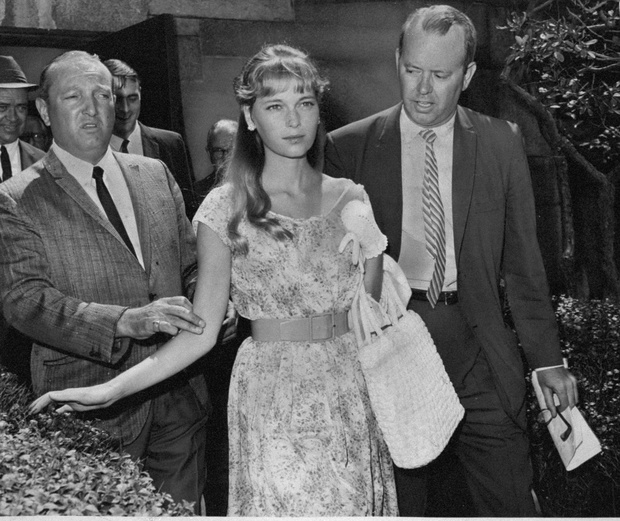 Mia Farrow as she leaves Frank Sinatra's yacht.