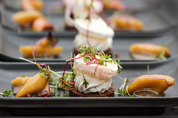 Appetizer dish from savory cream and goat cheese on pumpernickel